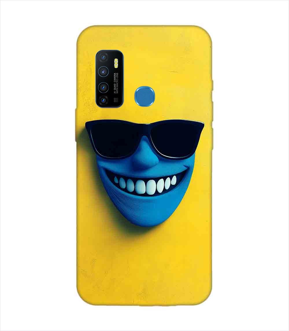 Infinix Hot 9 blue figure with sunglasses yellow wall with blue face Custom Printed Back Cover Design