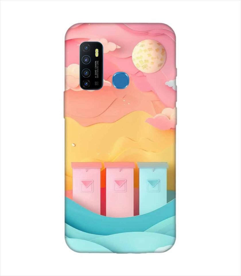 Infinix Hot 9 dreamy paper cut out landscape with three colorful mailboxes whimsical sky pastel hues Custom Printed Back Cover Design
