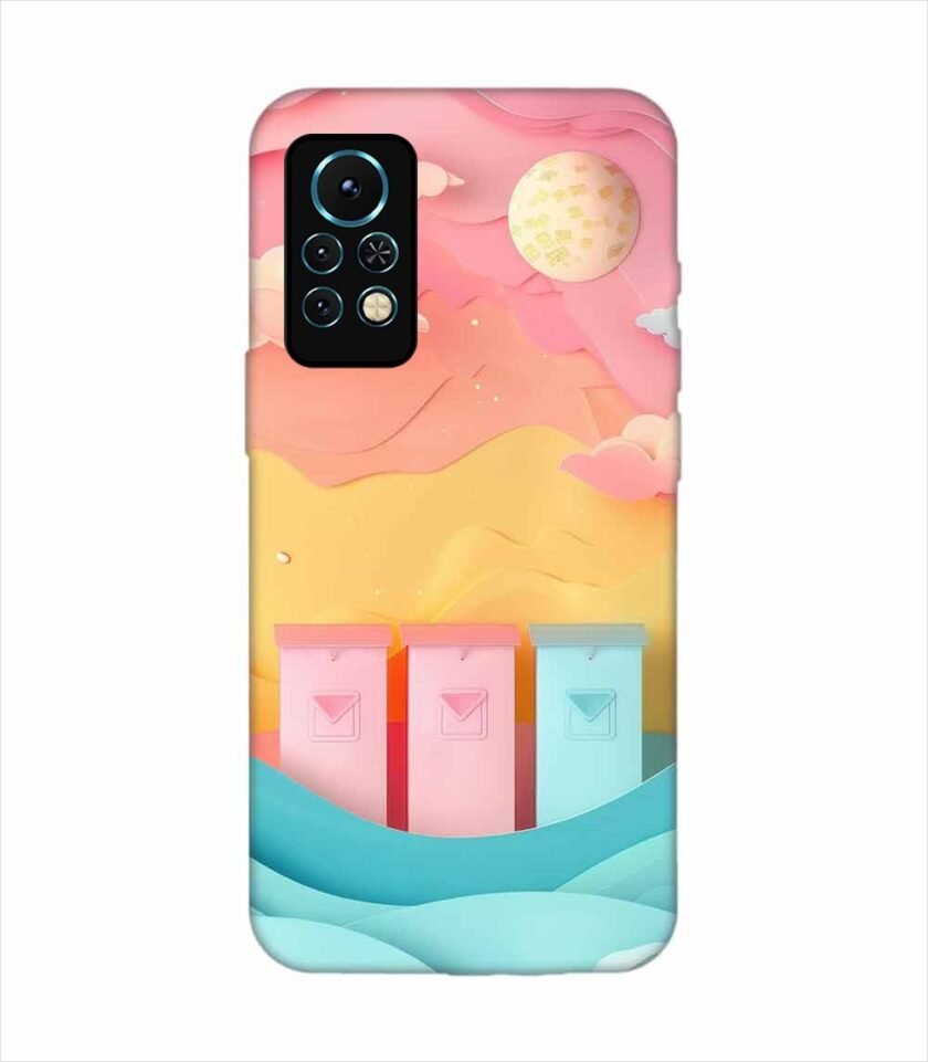 Infinix Note 11S dreamy paper cut out landscape with three colorful mailboxes whimsical sky pastel hues Custom Printed Back Cover Design