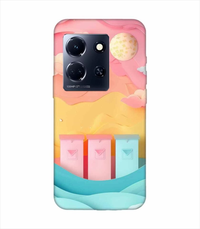 Infinix Note 30 (5G) dreamy paper cut out landscape with three colorful mailboxes whimsical sky pastel hues Custom Printed Back Cover Design