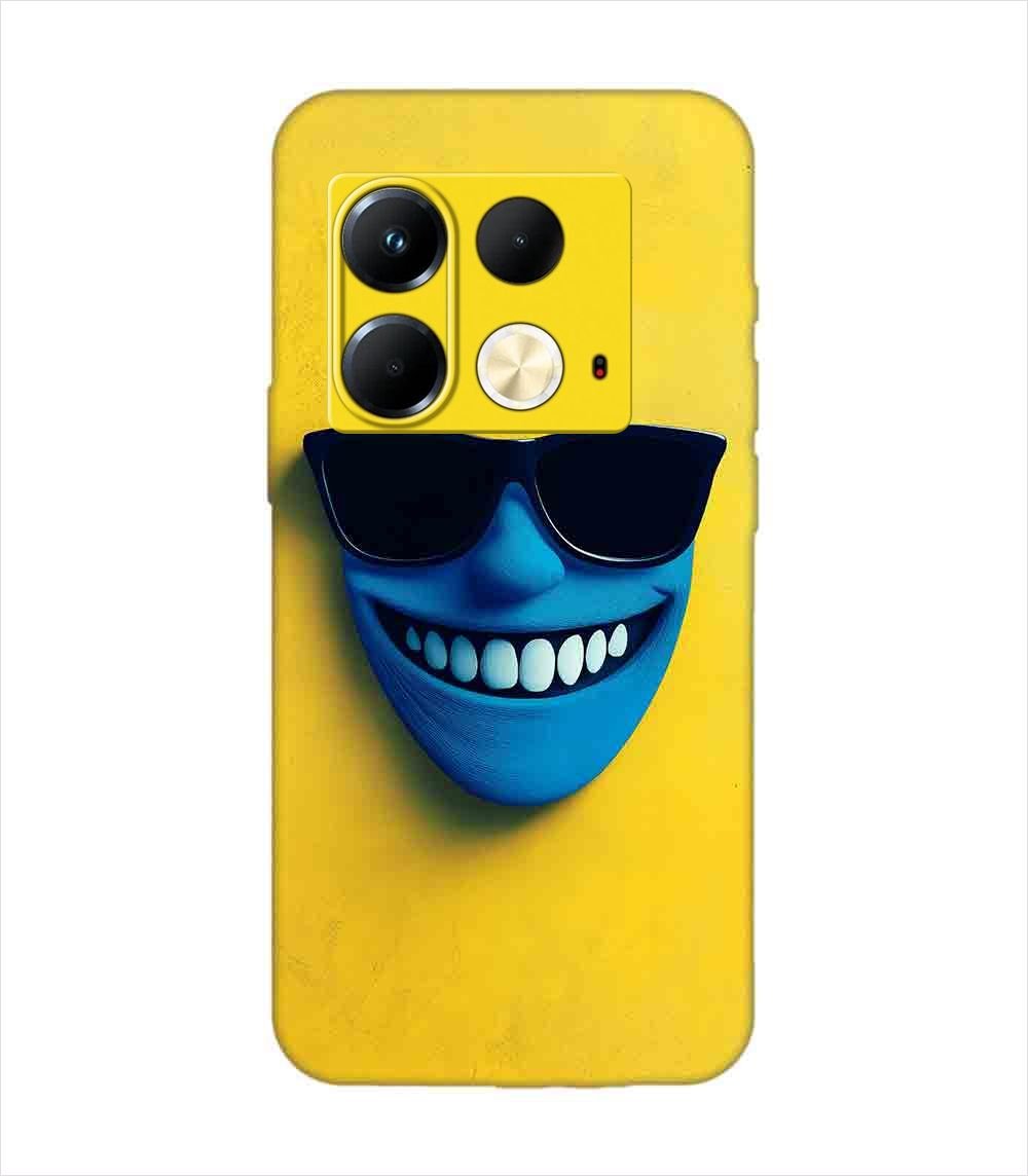 Infinix Note 40 (5G) blue figure with sunglasses yellow wall with blue face Custom Printed Back Cover Design