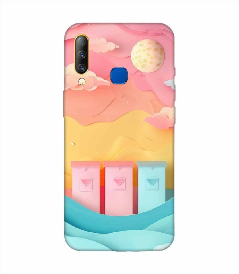 Infinix S4 dreamy paper cut out landscape with three colorful mailboxes whimsical sky pastel hues Custom Printed Back Cover Design