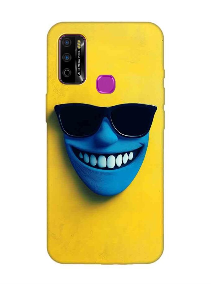 Infinix Smart 4 Plus blue figure with sunglasses yellow wall with blue face Custom Printed Back Cover Design