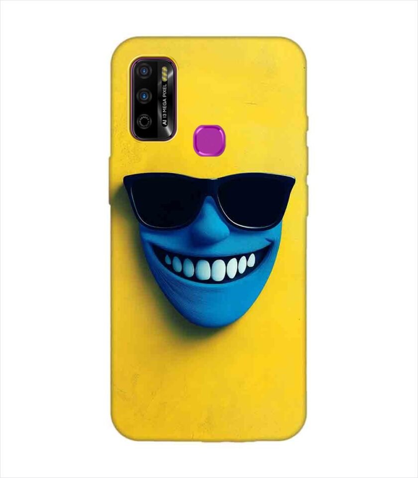 Infinix Smart 4 Plus blue figure with sunglasses yellow wall with blue face Custom Printed Back Cover Design