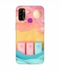 Infinix Smart 4 Plus dreamy paper cut out landscape with three colorful mailboxes whimsical sky pastel hues Custom Printed Back Cover Design
