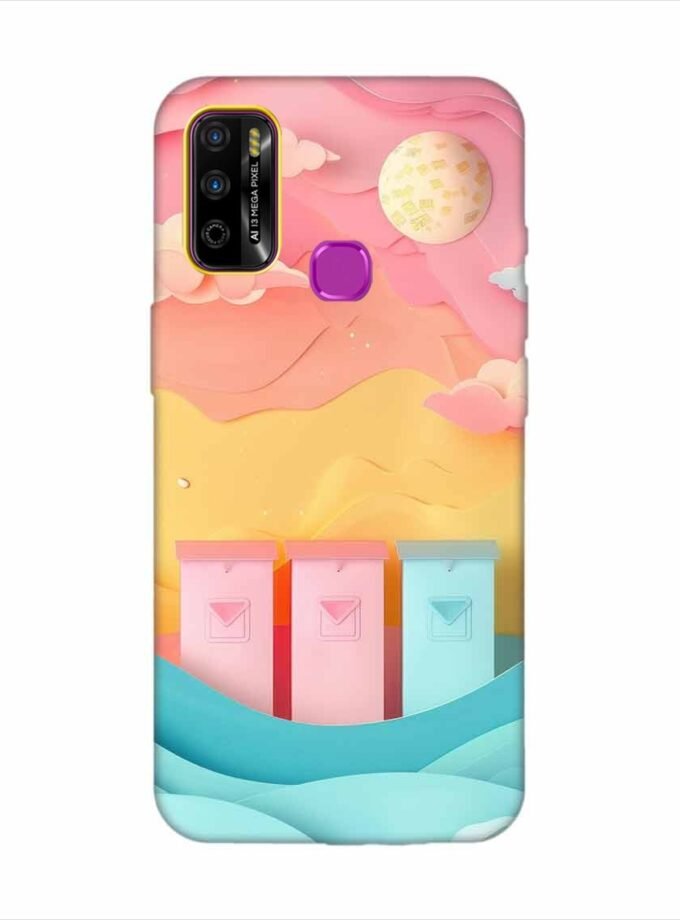 Infinix Smart 4 Plus dreamy paper cut out landscape with three colorful mailboxes whimsical sky pastel hues Custom Printed Back Cover Design