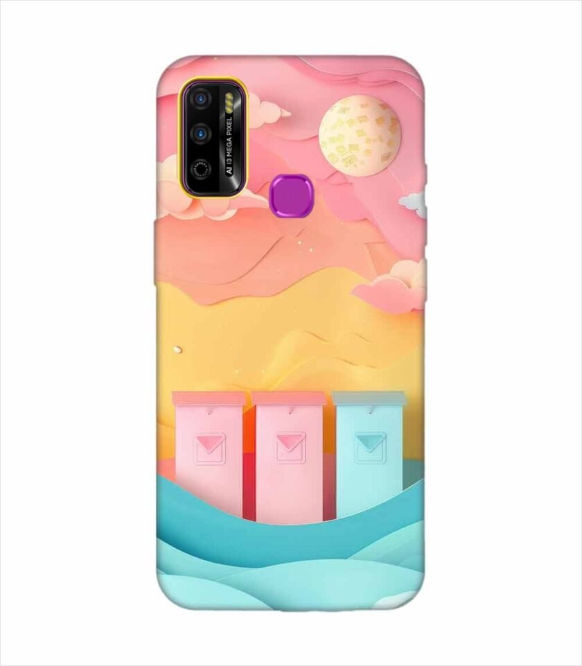 Infinix Smart 4 Plus dreamy paper cut out landscape with three colorful mailboxes whimsical sky pastel hues Custom Printed Back Cover Design