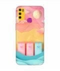 Infinix Smart 4 dreamy paper cut out landscape with three colorful mailboxes whimsical sky pastel hues Custom Printed Back Cover Design