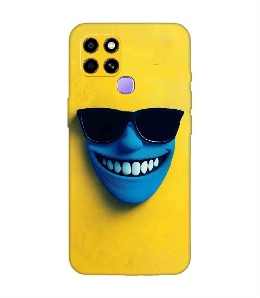 Infinix Smart 6 blue figure with sunglasses yellow wall with blue face Custom Printed Back Cover Design