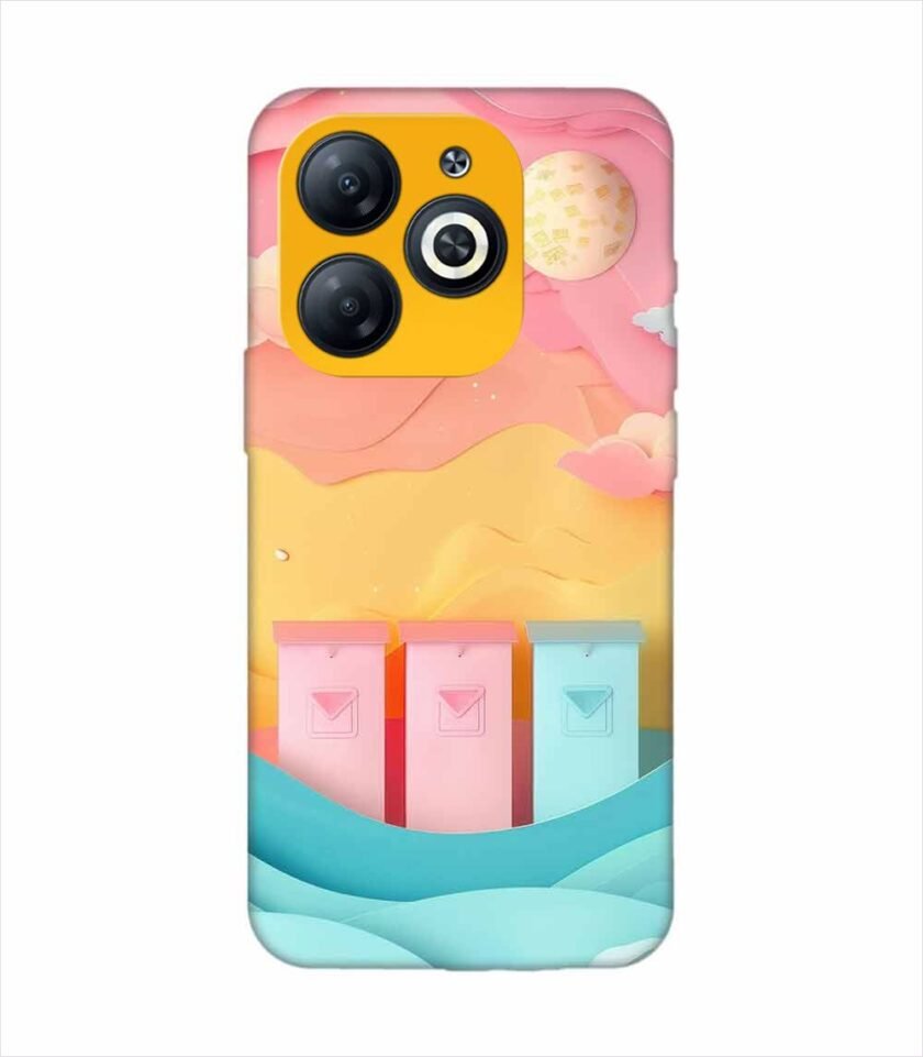 Infinix Smart 8 Hd dreamy paper cut out landscape with three colorful mailboxes whimsical sky pastel hues Custom Printed Back Cover Design