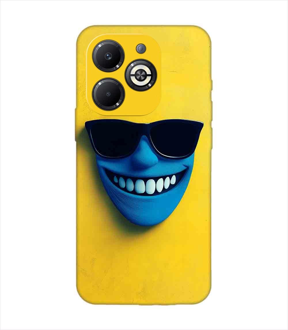Infinix Smart 8 Plus blue figure with sunglasses yellow wall with blue face Custom Printed Back Cover Design