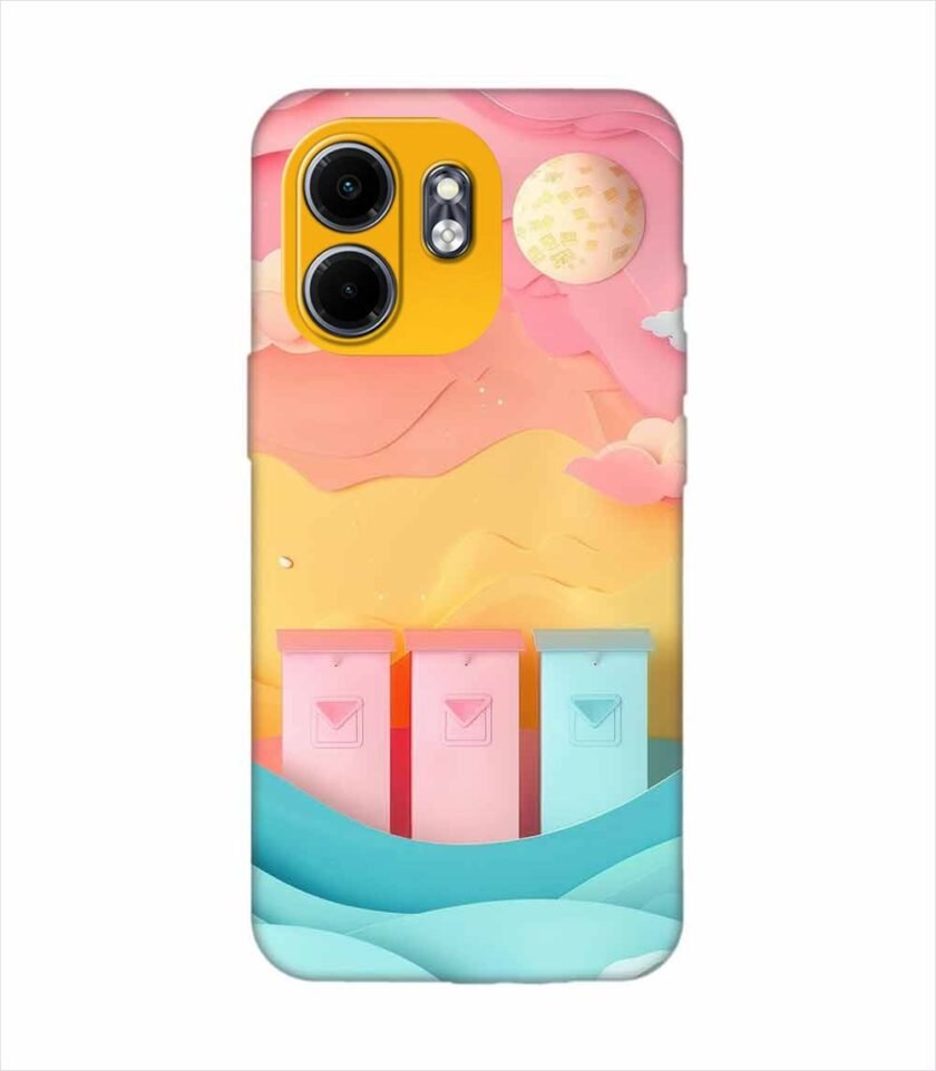 Infinix Smart 9 Hd dreamy paper cut out landscape with three colorful mailboxes whimsical sky pastel hues Custom Printed Back Cover Design