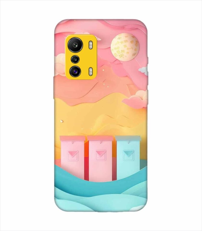 Infinix Zero (5G) dreamy paper cut out landscape with three colorful mailboxes whimsical sky pastel hues Custom Printed Back Cover Design