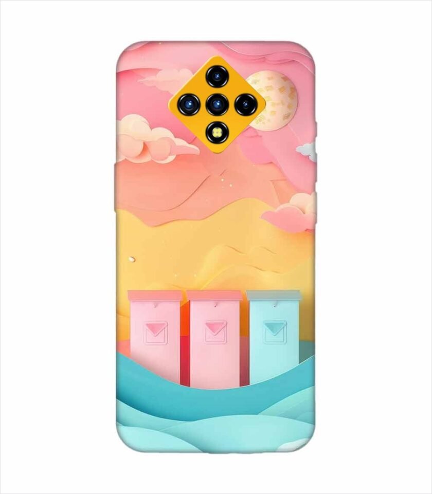 Infinix Zero 8I dreamy paper cut out landscape with three colorful mailboxes whimsical sky pastel hues Custom Printed Back Cover Design