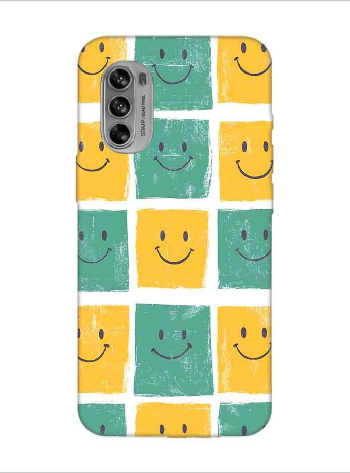 Printed Back Covers Motorola Moto G62 5G close up pattern smiley faces white background
