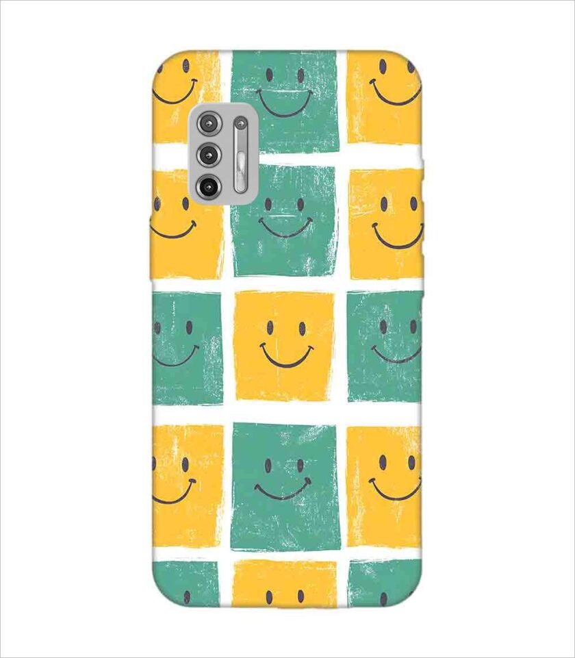 Printed Back Covers Motorola Moto G9 Plus close up pattern smiley faces white background