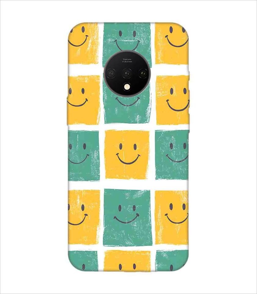 Printed Back Covers Oneplus 7T close up pattern smiley faces white background