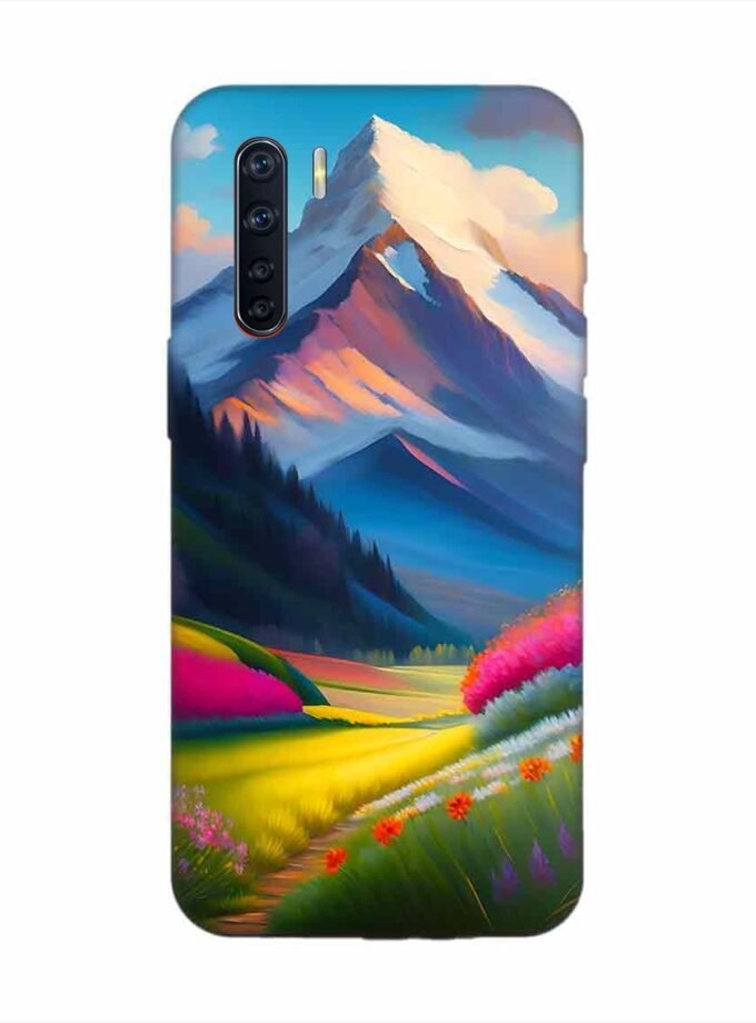 Oppo F15 Impressionist Mountain Landscape Oil Painting Snowy Peak Summer Field With Flowers Peaceful Vi Custom Printed Back Cover Design