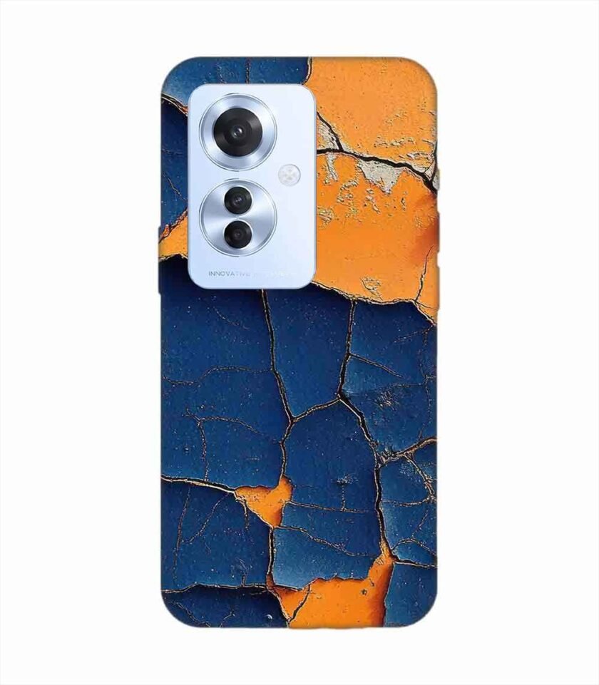 Oppo F25 Pro (5G) Indigo Orange Colored Cracked Paint Texture Custom Printed Back Cover Design