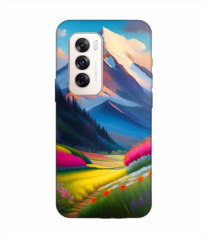 Oppo Reno 12 (5G) Impressionist Mountain Landscape Oil Painting Snowy Peak Summer Field With Flowers Peaceful Vi Custom Printed Back Cover Design