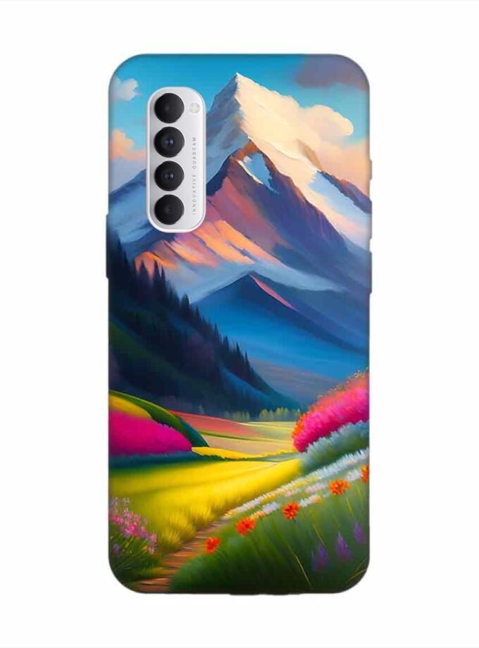 Oppo Reno 4 Pro Impressionist Mountain Landscape Oil Painting Snowy Peak Summer Field With Flowers Peaceful Vi Custom Printed Back Cover Design