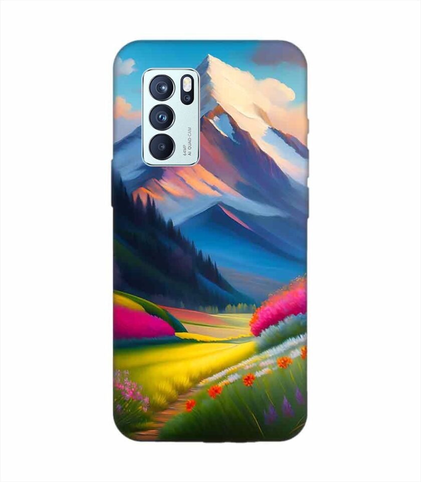 Oppo Reno 6 Pro (5G) Impressionist Mountain Landscape Oil Painting Snowy Peak Summer Field With Flowers Peaceful Vi Custom Printed Back Cover Design