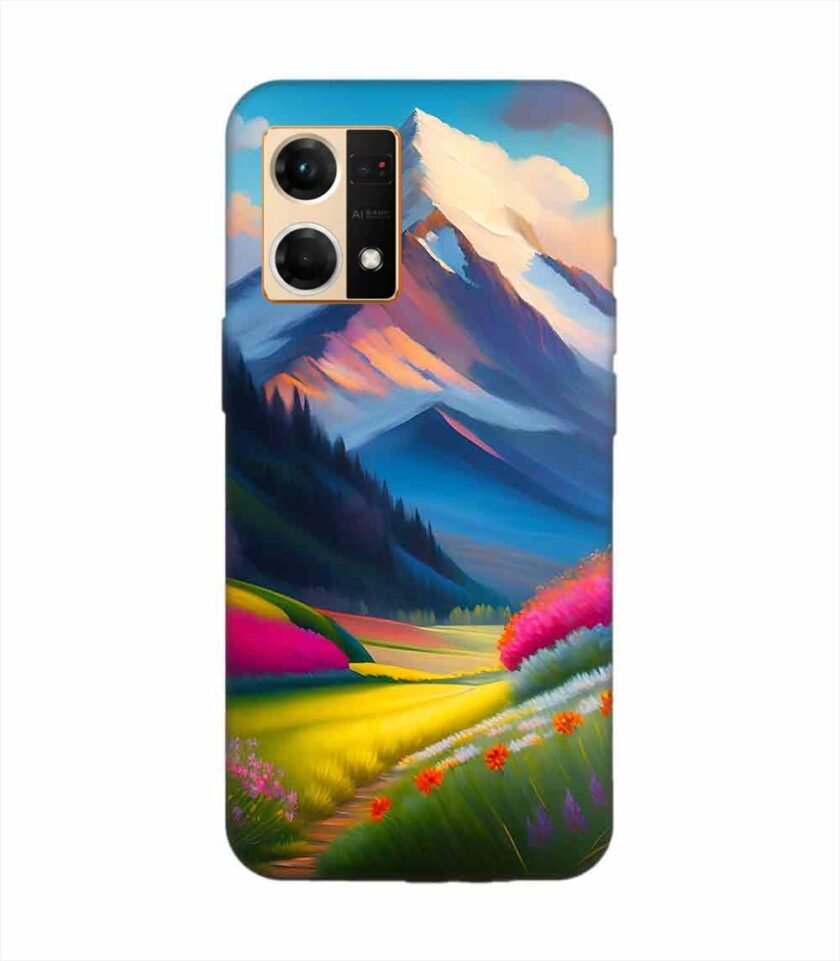 Oppo Reno 7 (4G) Impressionist Mountain Landscape Oil Painting Snowy Peak Summer Field With Flowers Peaceful Vi Custom Printed Back Cover Design