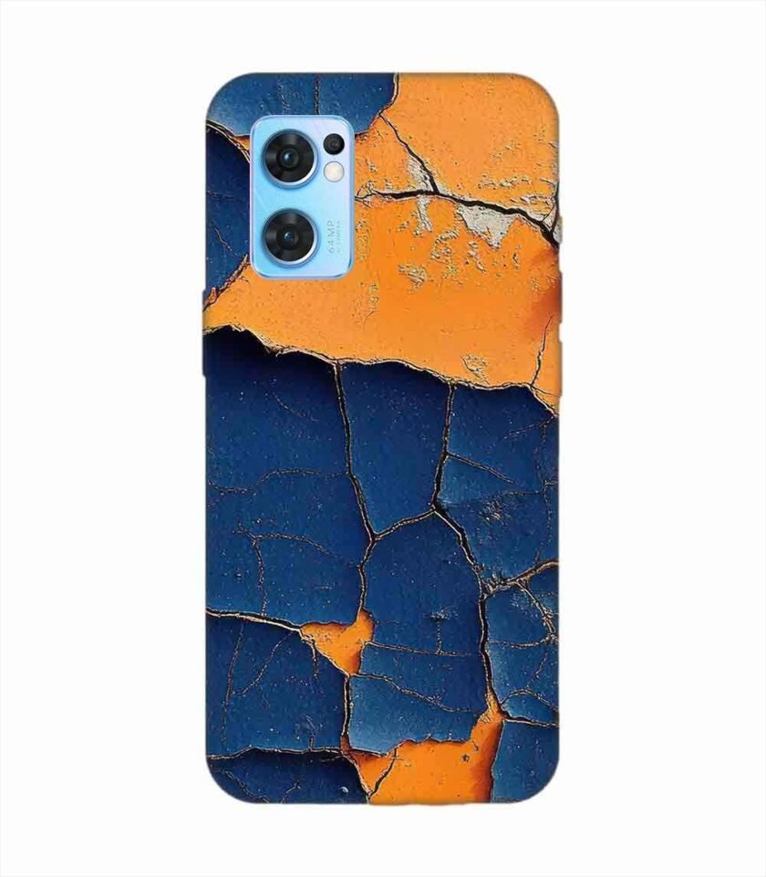 Oppo Reno 7 (5G) Indigo Orange Colored Cracked Paint Texture Custom Printed Back Cover Design