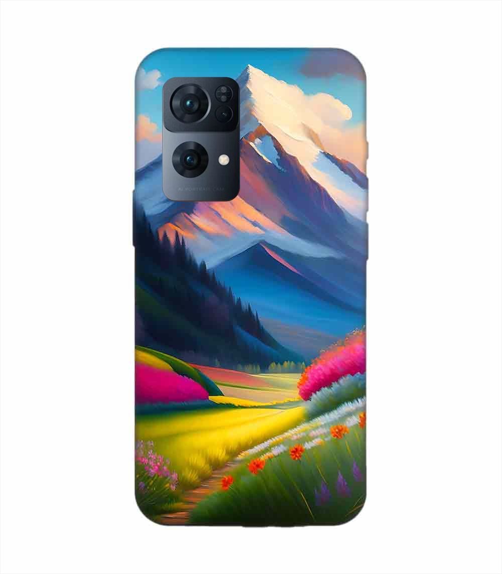 Oppo Reno 7 Pro (5G) Impressionist Mountain Landscape Oil Painting Snowy Peak Summer Field With Flowers Peaceful Vi Custom Printed Back Cover Design