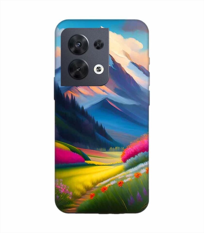 Oppo Reno 8 (5G) Impressionist Mountain Landscape Oil Painting Snowy Peak Summer Field With Flowers Peaceful Vi Custom Printed Back Cover Design