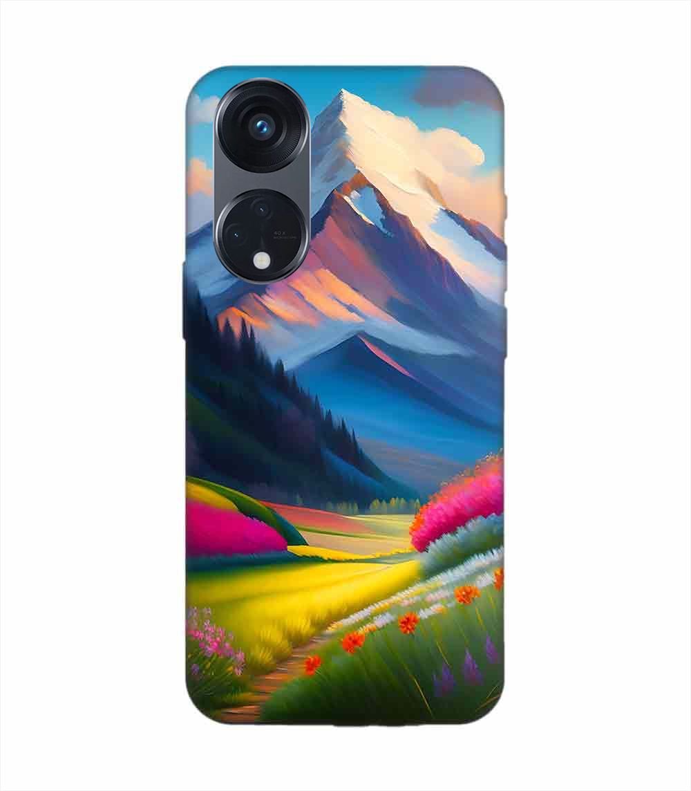 Oppo Reno 8T (5G) Impressionist Mountain Landscape Oil Painting Snowy Peak Summer Field With Flowers Peaceful Vi Custom Printed Back Cover Design