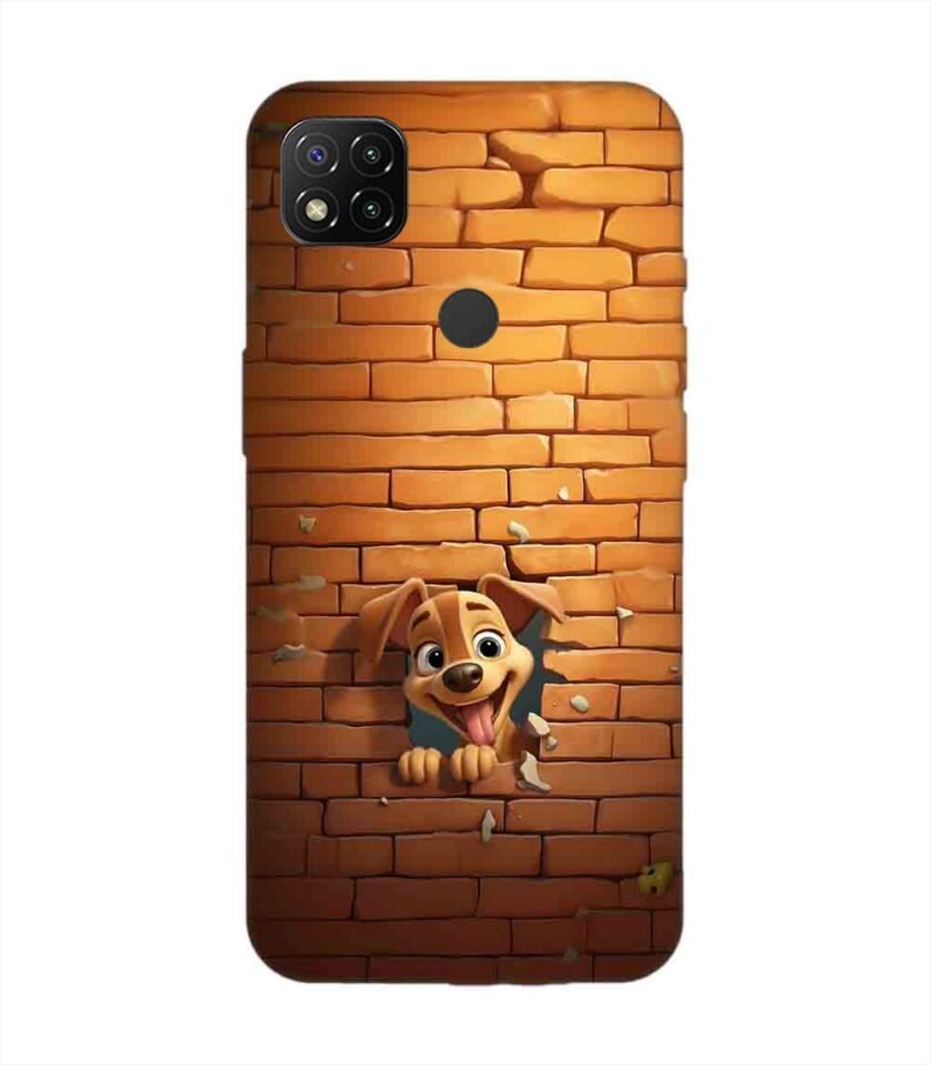 Poco C31 cartoon dog sticking out hole brick wall generative ai Custom Printed Back Cover Design