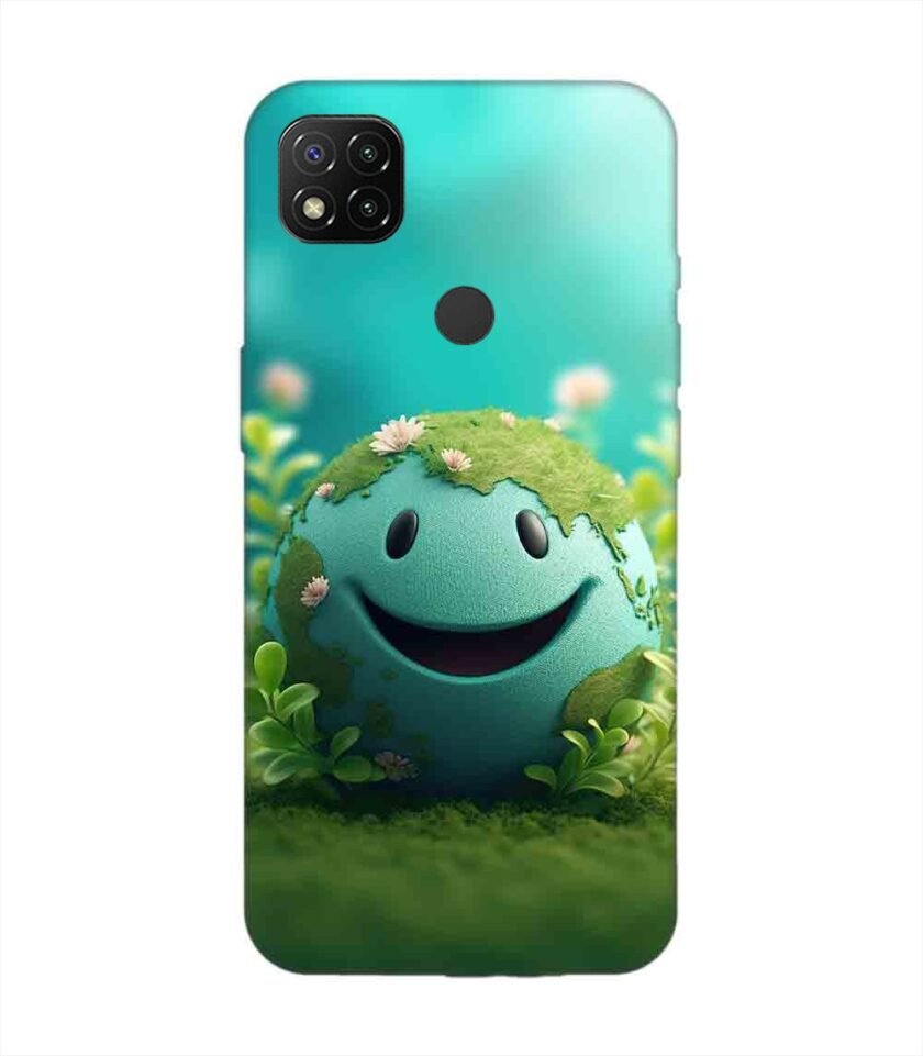 Poco C31 cartoon earth with smiling face sits grass Custom Printed Back Cover Design