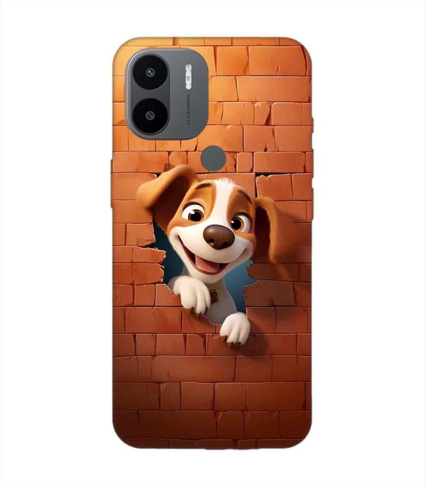 Poco C50 cartoon dog looking out hole brick wall with light generative ai Custom Printed Back Cover Design