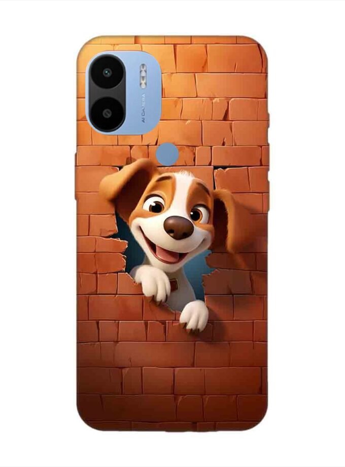 Poco C51 cartoon dog looking out hole brick wall with light generative ai Custom Printed Back Cover Design