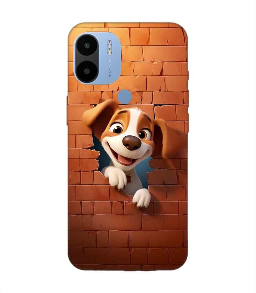 Poco C51 cartoon dog looking out hole brick wall with light generative ai Custom Printed Back Cover Design