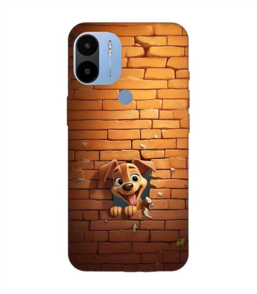 Poco C51 cartoon dog sticking out hole brick wall generative ai Custom Printed Back Cover Design