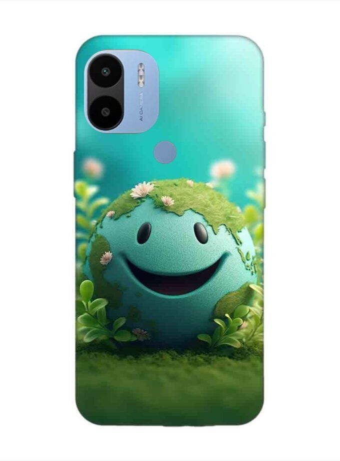 Poco C51 cartoon earth with smiling face sits grass Custom Printed Back Cover Design