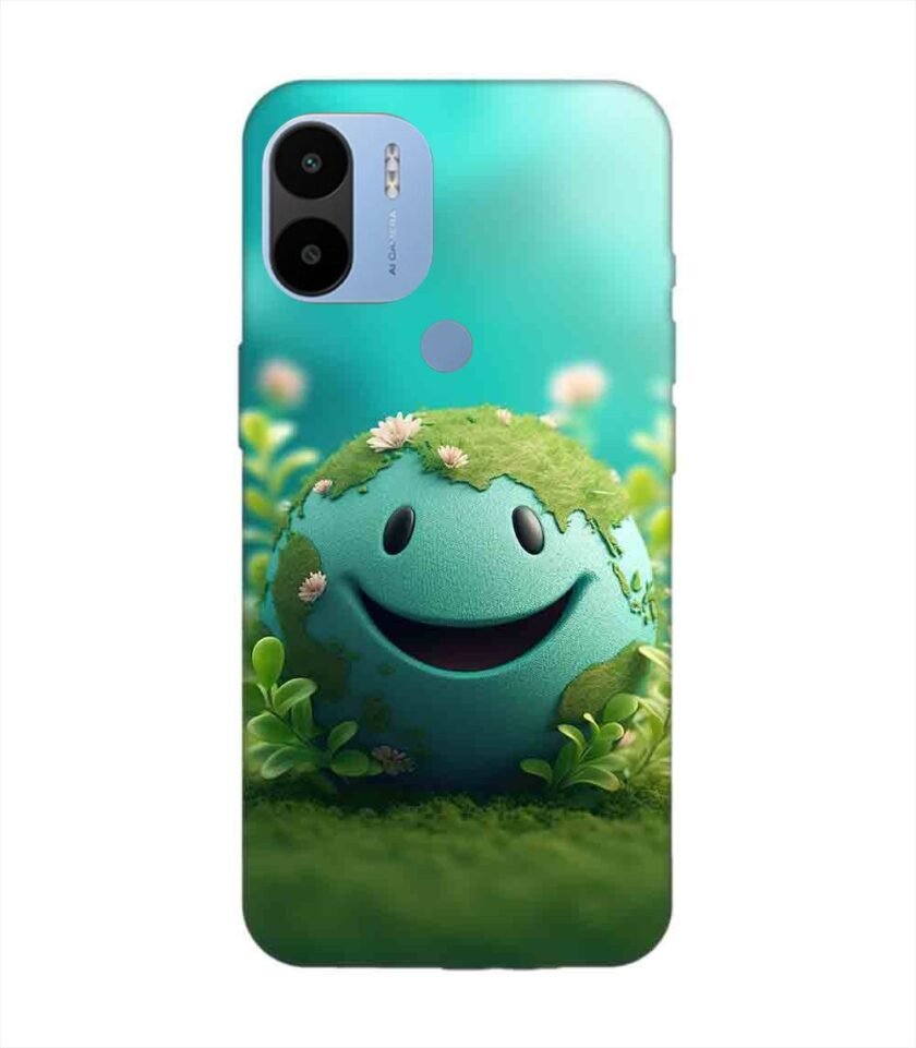 Poco C51 cartoon earth with smiling face sits grass Custom Printed Back Cover Design