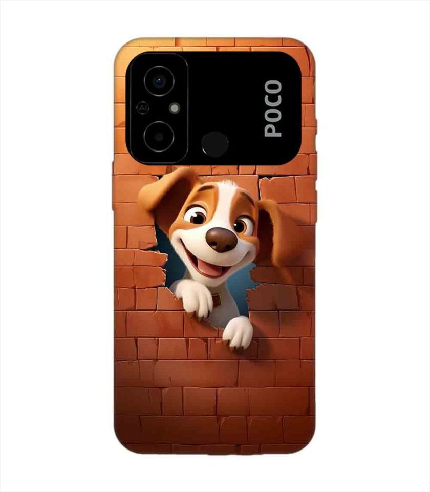 Poco C55 cartoon dog looking out hole brick wall with light generative ai Custom Printed Back Cover Design
