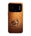 Poco C55 cartoon dog sticking out hole brick wall generative ai Custom Printed Back Cover Design