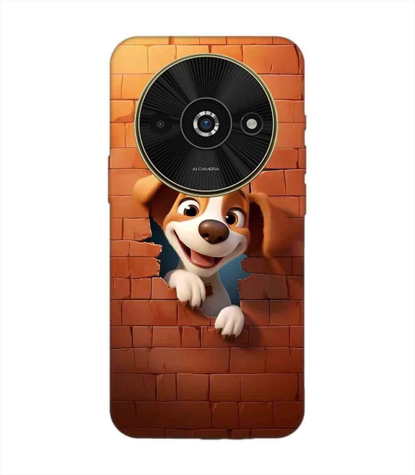 Poco C61 cartoon dog looking out hole brick wall with light generative ai Custom Printed Back Cover Design