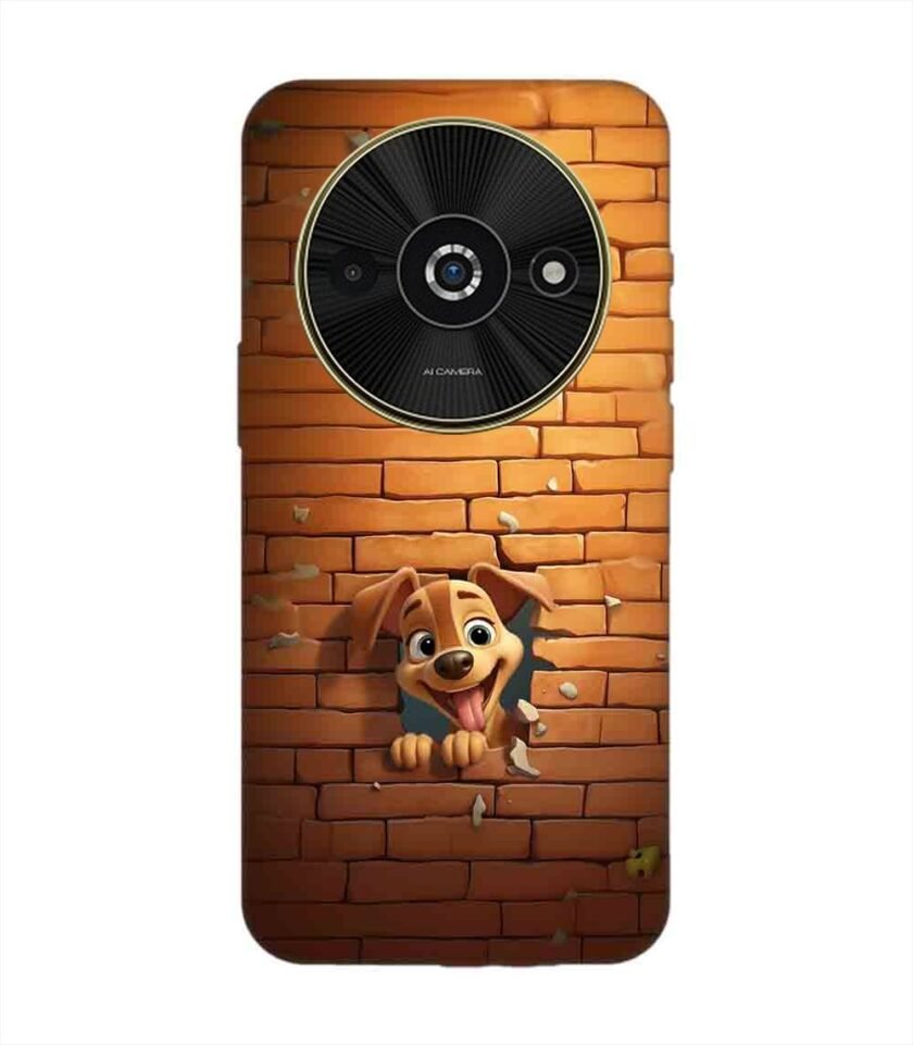 Poco C61 cartoon dog sticking out hole brick wall generative ai Custom Printed Back Cover Design