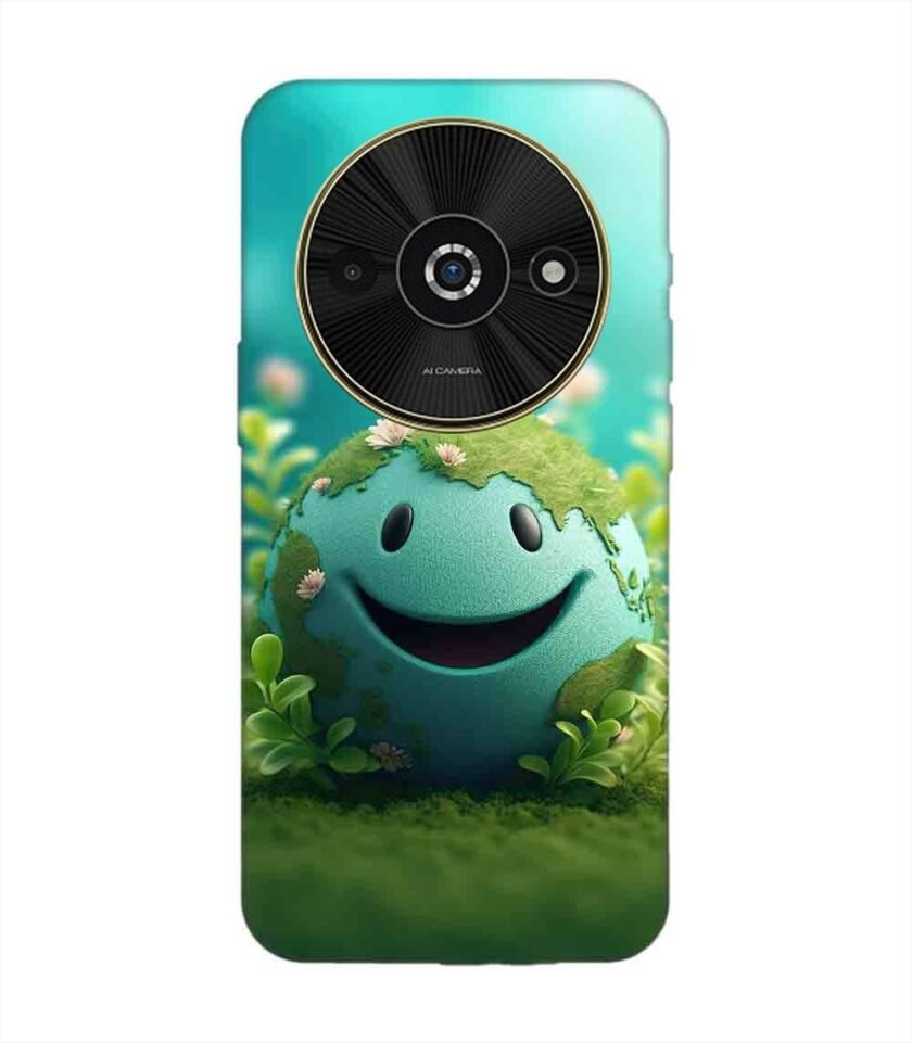 Poco C61 cartoon earth with smiling face sits grass Custom Printed Back Cover Design