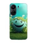 Poco C65 cartoon earth with smiling face sits grass Custom Printed Back Cover Design