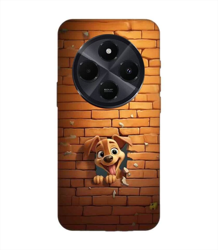 Poco C75 (5G) cartoon dog sticking out hole brick wall generative ai Custom Printed Back Cover Design