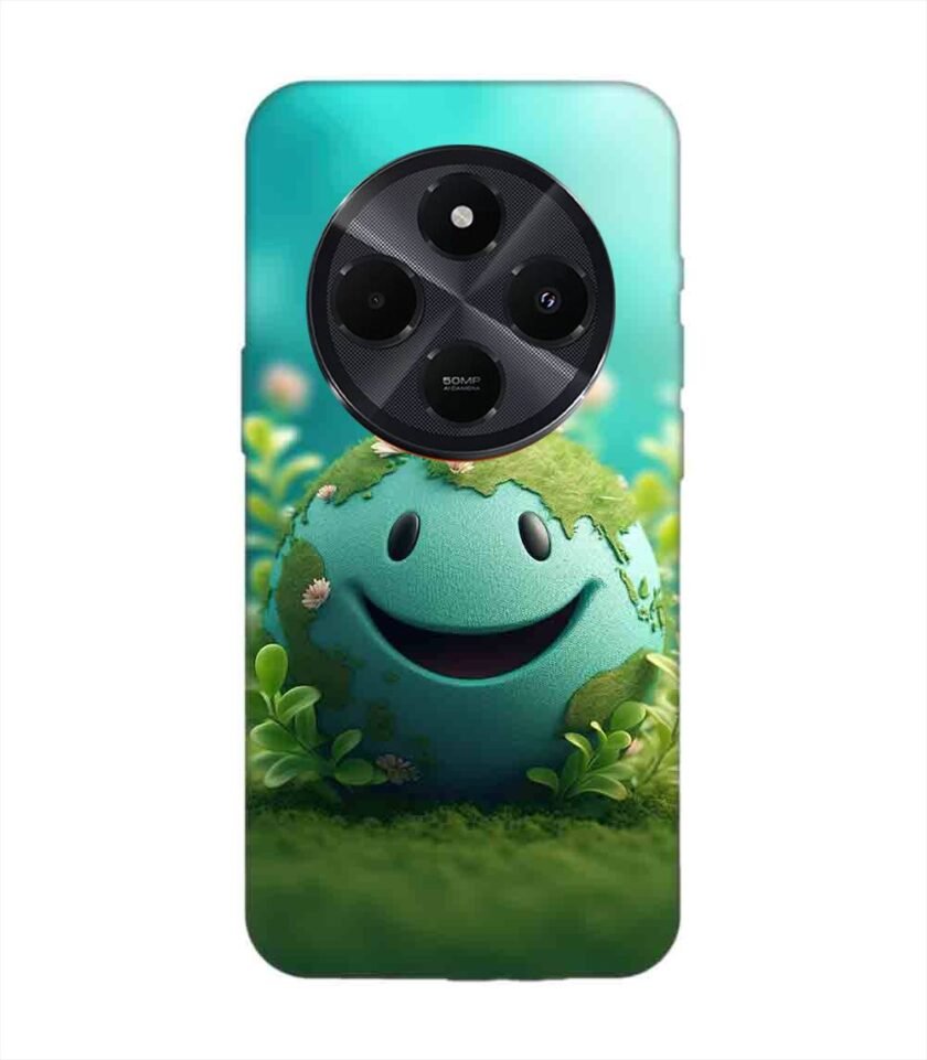 Poco C75 (5G) cartoon earth with smiling face sits grass Custom Printed Back Cover Design
