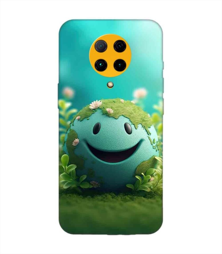 Poco F2 Pro cartoon earth with smiling face sits grass Custom Printed Back Cover Design