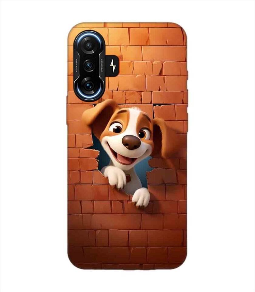 Poco F3 Gt (5G) cartoon dog looking out hole brick wall with light generative ai Custom Printed Back Cover Design