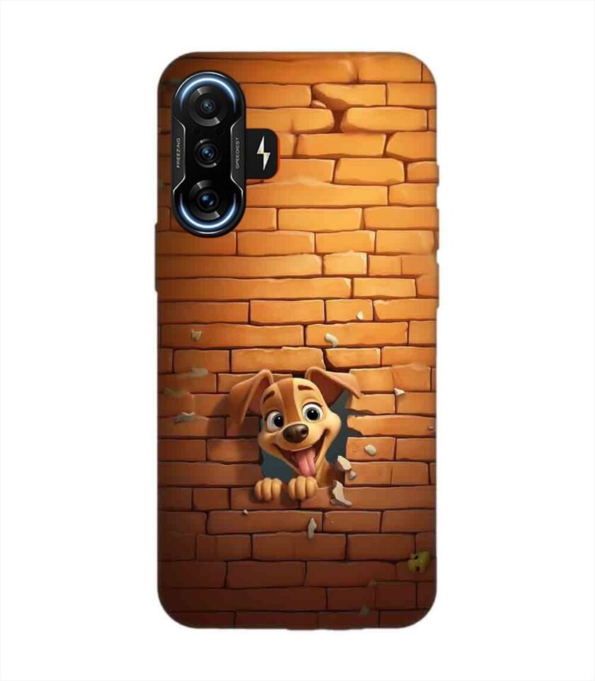 Poco F3 Gt (5G) cartoon dog sticking out hole brick wall generative ai Custom Printed Back Cover Design